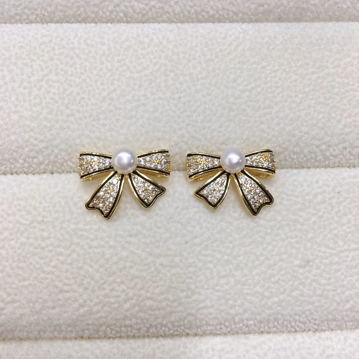 2 pair Bow Shape Zircon Pearl Earrings for Women
