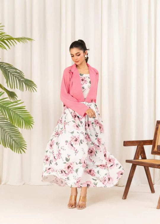 Stylish Floral Print Maxi Dress With Pink Jacket (2 Pcs )