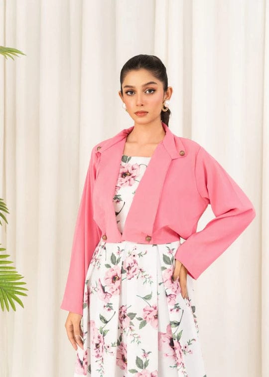 Stylish Floral Print Maxi Dress With Pink Jacket (2 Pcs )