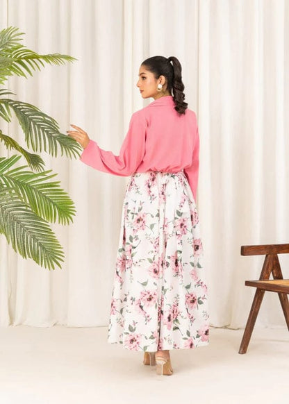 Stylish Floral Print Maxi Dress With Pink Jacket (2 Pcs )