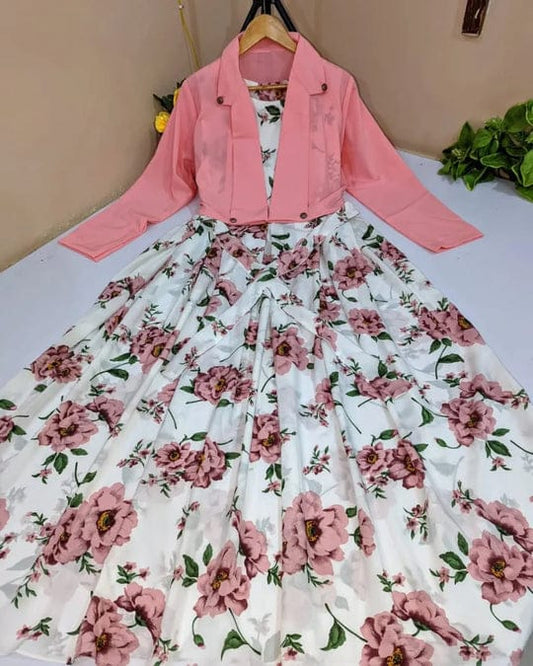 Stylish Floral Print Maxi Dress With Pink Jacket (2 Pcs )