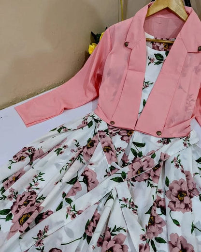Stylish Floral Print Maxi Dress With Pink Jacket (2 Pcs )