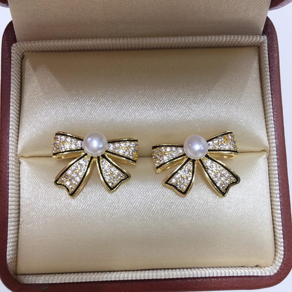 2 pair Bow Shape Zircon Pearl Earrings for Women