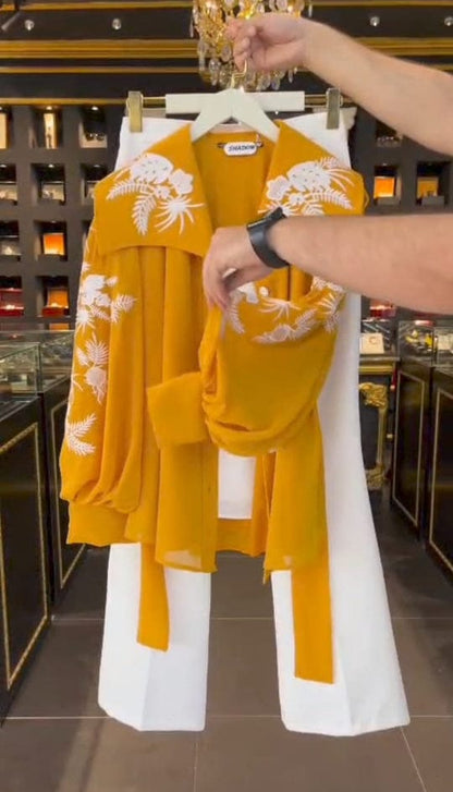 Women’s Mustard Embroidered Chiffon Western Maxi Set (3 pcs)